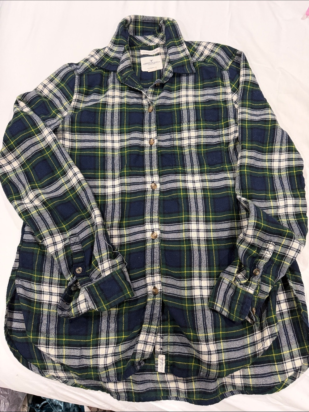 American Eagle Outfitters Navy, Green & White Plaid Button-Down Shirt